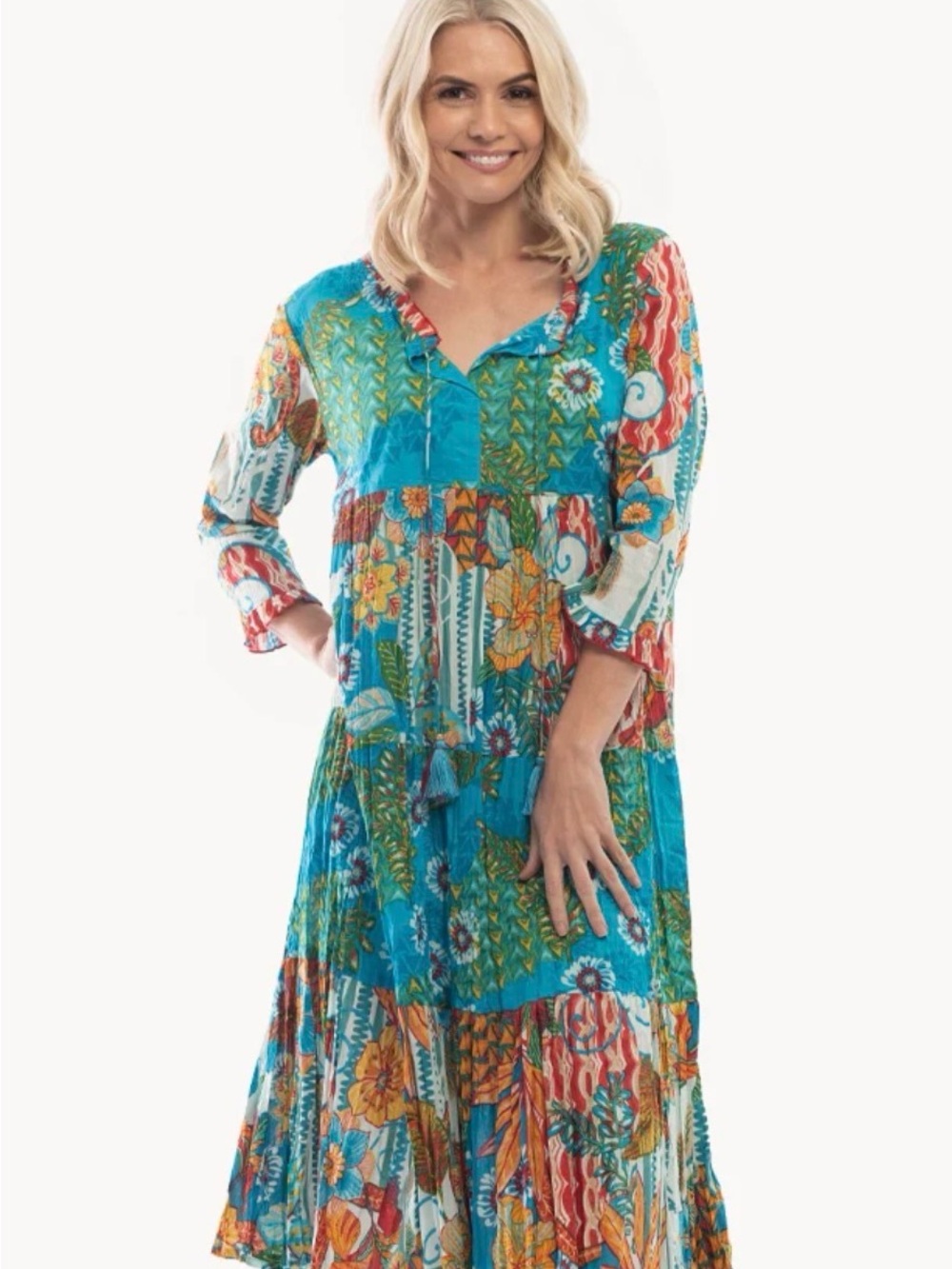 Orientique Naturally Australian Organic Cotton Tiered Patchwork Pattern Dress XL